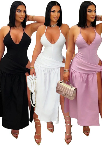 Women's Solid Color Lace-Up Sexy Slit Skirt Bodysuit Two Piece Set