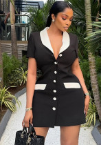 Women's Chic Black-White Contrast Button Short Dress Women's Chic Black-White Contrast Button Short Dress