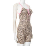 Women's Spring/Summer Leopard Lace-up Strap Low-Back Short Jumpsuit