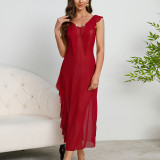 Women Summer V Neck Thick Strap Pleated Lace Slit Mesh Patchwork Dress