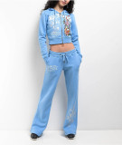 Women Street Casual Print Zipper Hooded Top and Pants Two-Piece Set