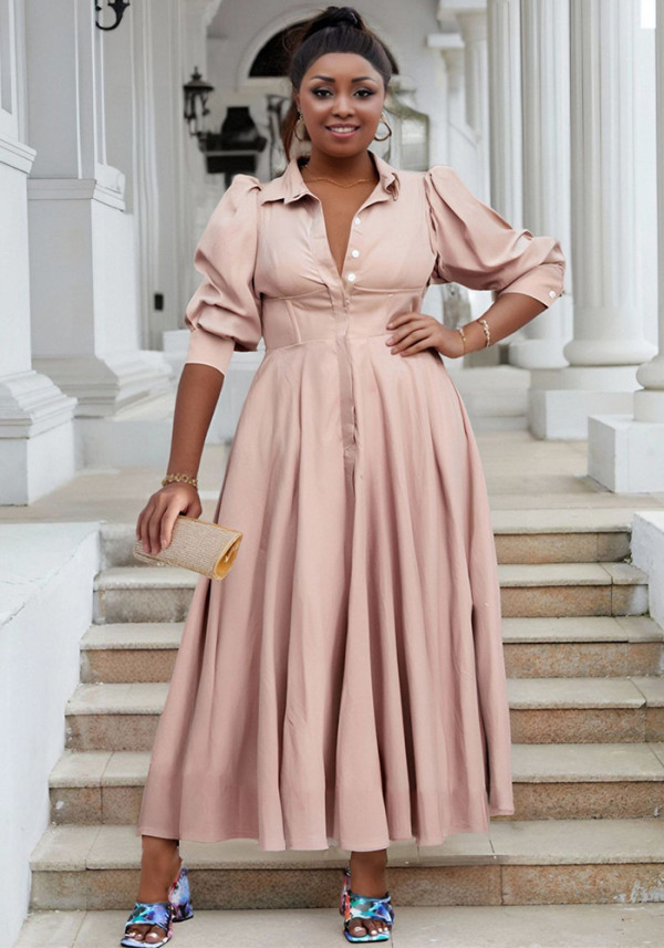 Plus Size Women Elegant Long Sleeve Solid Shirt Dress