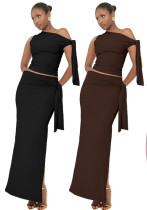 Women Summer Slash Shoulder Sleeveless Top And Skirt 2-piece set