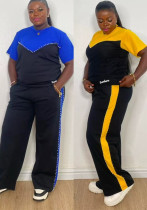 Women Casual Patchwork Contrast Beaded Short Sleeve Top and Pant Two-Piece Set Women Casual Patchwork Contrast Beaded Short Sleeve Top and Pant Two-Piece Set