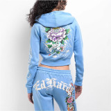 Women Street Casual Print Zipper Hooded Top and Pants Two-Piece Set