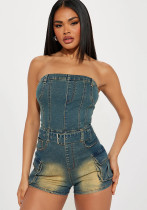 Women Stretch Washed Denim Strapless Off Shoulder Jumpsuit