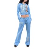 Women Street Casual Print Zipper Hooded Top and Pants Two-Piece Set