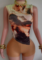 Women Sexy Mesh Print Round Neck Sleeveless Vest Top Two-piece Set