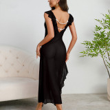 Women Summer V Neck Thick Strap Pleated Lace Slit Mesh Patchwork Dress