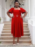 Plus Size Women Square Neck Solid High Waist Dress