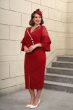 Fashion Turndown Collar Contrast Bell Bottom Sleeve Plus-Size Formal Party Dress