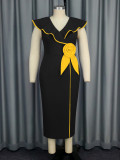 Plus-Size Contrast Flower Ruffle Sleeve Elegant Chic Formal Party Dress