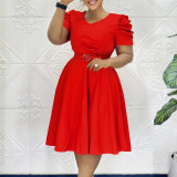Women's Fashion Pleated Chic Elegant V-neck A-line African Dress