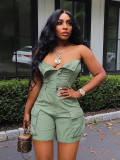 Spring Women's Strapless Button Pocket Denim Jumpsuit