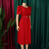 Women's Fashion Pleated Chic Elegant V-neck A-line African Dress