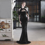 Sequin Mesh Halter-Neck Fishtail Bride Long Wedding Dress