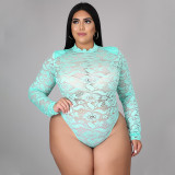 Plus Size Women's Sexy Nightclub Transparent Lace Bodysuit Pants Two-piece Set