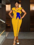 Plus-Size Contrast Flower Ruffle Sleeve Elegant Chic Formal Party Dress