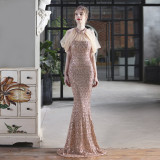 Sequin Mesh Halter-Neck Fishtail Bride Long Wedding Dress