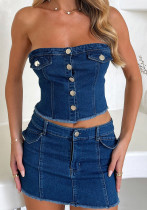Summer Sexy High-Waist Strapless Denim Crop Top & Slim Mini Skirt Set Summer Sexy High-Waist Strapless Denim Crop Top & Slim Mini Skirt Set