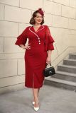 Fashion Turndown Collar Contrast Bell Bottom Sleeve Plus-Size Formal Party Dress