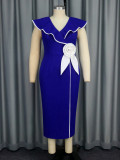 Plus-Size Contrast Flower Ruffle Sleeve Elegant Chic Formal Party Dress