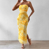 Elegant Strapless Yellow Tie-Dye Printed Side Slit Slim Summer Holidays Dress