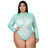 Plus Size Women's Sexy Nightclub Transparent Lace Bodysuit Pants Two-piece Set