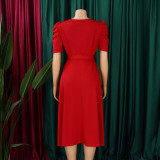 Women's Fashion Pleated Chic Elegant V-neck A-line African Dress