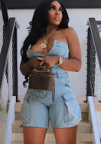 Spring Women's Strapless Button Pocket Denim Jumpsuit