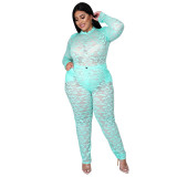 Plus Size Women's Sexy Nightclub Transparent Lace Bodysuit Pants Two-piece Set