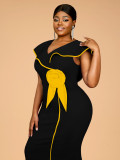 Plus-Size Contrast Flower Ruffle Sleeve Elegant Chic Formal Party Dress