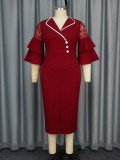 Fashion Turndown Collar Contrast Bell Bottom Sleeve Plus-Size Formal Party Dress