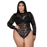 Plus Size Women's Sexy Nightclub Transparent Lace Bodysuit Pants Two-piece Set