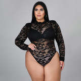 Plus Size Women's Sexy Nightclub Transparent Lace Bodysuit Pants Two-piece Set