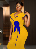 Plus-Size Contrast Flower Ruffle Sleeve Elegant Chic Formal Party Dress