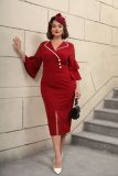 Fashion Turndown Collar Contrast Bell Bottom Sleeve Plus-Size Formal Party Dress