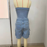 Spring Women's Strapless Button Pocket Denim Jumpsuit