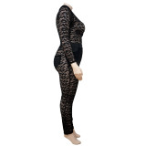 Plus Size Women's Sexy Nightclub Transparent Lace Bodysuit Pants Two-piece Set