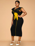 Plus-Size Contrast Flower Ruffle Sleeve Elegant Chic Formal Party Dress