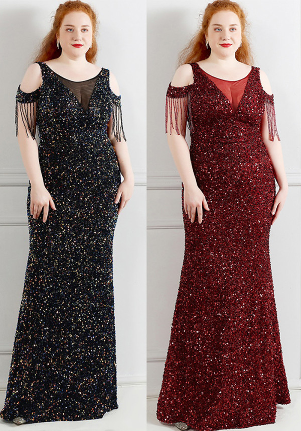 Spring and Summer Long Sequin Plus-Size Formal Party Evening Dress