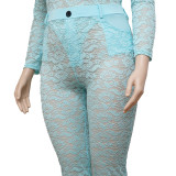 Plus Size Women's Sexy Nightclub Transparent Lace Bodysuit Pants Two-piece Set