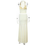 Women's Sexy High Waist Mesh Patchwork Long Skirt Halter Neck Hollow Vest Holidays Two Piece Set