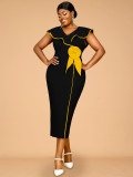 Plus-Size Contrast Flower Ruffle Sleeve Elegant Chic Formal Party Dress