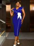 Plus-Size Contrast Flower Ruffle Sleeve Elegant Chic Formal Party Dress