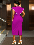 Plus-Size Contrast Flower Ruffle Sleeve Elegant Chic Formal Party Dress