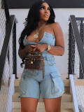 Spring Women's Strapless Button Pocket Denim Jumpsuit