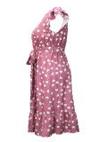 Women's Plus-Size Fashion Elegant Round-Neck Belted Heart Print Flying Sleeves Dress