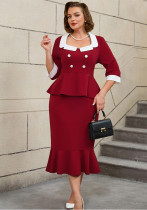Plus-Size Ruffled Women's Tops & Slim Fit High Waist Fishtail Skirt Two-Piece Set