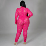 Plus Size Women's Sexy Nightclub Transparent Lace Bodysuit Pants Two-piece Set